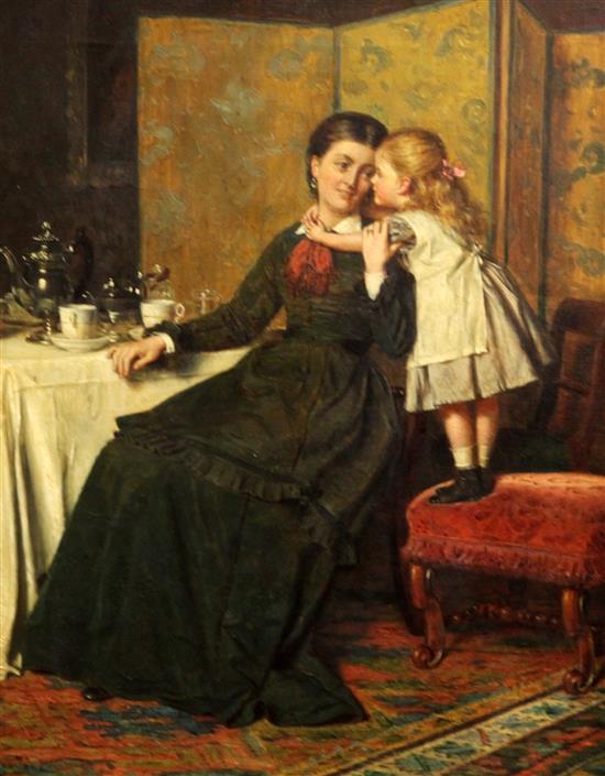 George Goodwin Kilburne (1839-1924) Interior with mother and daughter at the breakfast table, 15.5 x 12.5in.